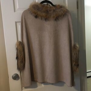 Elegant Tan faux suede poncho with Fur Trim